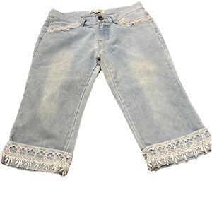 vintage Blue Medium capri jeans pants with Lace embroidery and lace Pearls